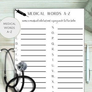 Printable Medical Words A-Z Game, Nursing theme, Graduation Games, Retirement Games, Nursing Student, RN, LPN, Nurses Digital Download
