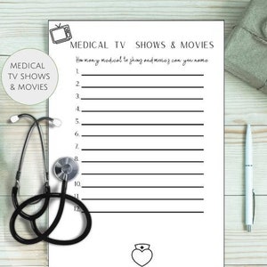 Puede incluir: Una hoja de trabajo imprimible con el título "Medical TV Shows & Movies". La hoja de trabajo tiene 12 líneas para enumerar programas de televisión y películas médicas. Hay una pequeña ilustración de un televisor y un estetoscopio.