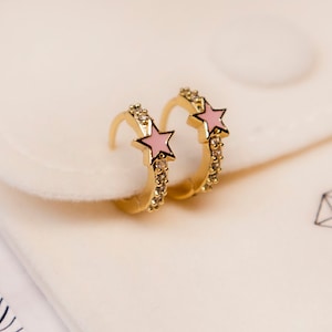 Gold Plated Sterling Silver Huggie Hoops, Pink Star Earrings