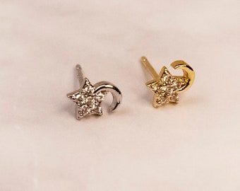 Sterling Silver Star and Moon Stud Earrings, Celestial Jewelry, Minimalist Earrings, Gift for Her, Everyday Studs, Dainty Moon Star Earrings