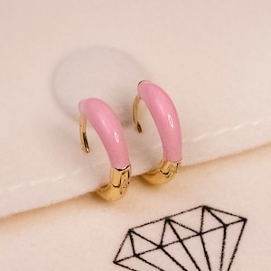 Pink Enamel Mini Hoop Earrings | Gold Plated Sterling Silver 925, Everyday Minimal Hoops