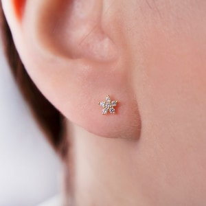 May include: A close-up of a small, gold-colored star-shaped earring with clear, sparkling stones. The earring is set in a person's ear. The earring is a delicate piece of jewelry.