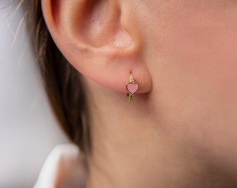 Pink Heart Hoop Earrings · Earring Pink Stone · Minimalist Jewelry Earrings · Cute Earrings · Pink Heart Huggie Hoop in Sterling Silver