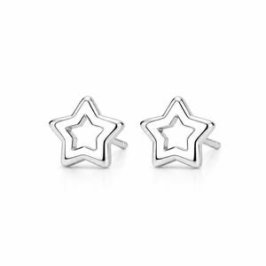 May include: A pair of silver-toned stud earrings, each featuring a polished star-shaped outline with a hollow center. The earrings have a smooth, reflective metallic finish and include a standard post backing for secure attachment to the earlobe.