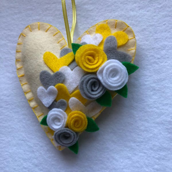Heart felt ornament, Valentines Day, READY TO SHIP mantle decor, home decor Yellow and gray perfect Wedding or Mom gift