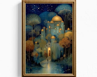 Lámina artística "Castillo mágico en el bosque" — Arte mural de fantasía "Reflejos azules y dorados"