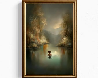 Lámina artística con figura de lago otoñal, arte mural atmosférico nocturno y melancólico, natación nocturna