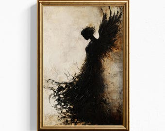 Arte mural de ángel oscuro: arte gótico con figuras aladas, ilustración simbolista de fantasía, decoración romántica y melancólica.