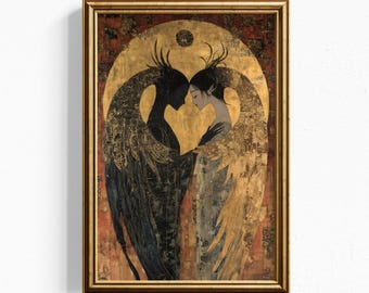 Lámina artística "Amantes ángeles góticos" – Ilustración simbolista con pan de oro