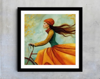 Whimsical Bicycle Wall Art, Fall Foliage Print, Cozy Autumn Vibes, Woman Cycling in Nature, Romantic Gift Idea