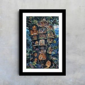 Arte de pared recortado con casa del árbol encantada, decoración de fantasía para el hogar, impresión de arte de pared con casa del árbol caprichosa, arte para habitación de bebé, arte de pared para habitación de niños