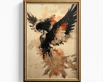 Lámina artística de ángel oscuro gótico: figura alada simbolista, decoración melancólica
