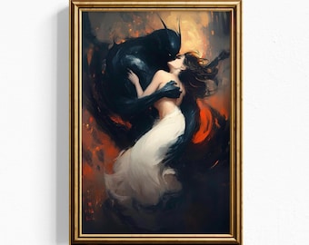 Dark Academia Fantasy Art Print – Shadow Demon & Maiden Wall Decor – Gothic Romantic Oil Painting for Moody Home or Bedroom