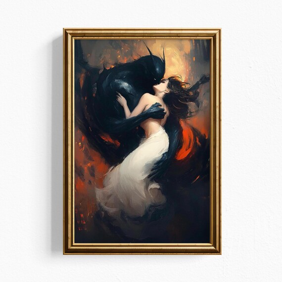 Dark Academia Fantasy Art Print – Shadow Demon & Maiden Wall Decor – Gothic Romantic Oil Painting for Moody Home or Bedroom