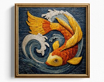 Impresión artística en mosaico de peces koi dorados - Decoración de pared costera japonesa