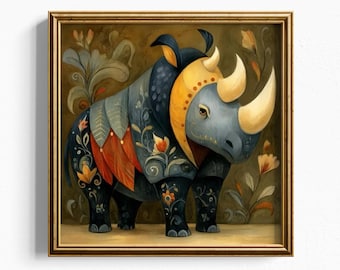 Folk Art Rhino Print | Whimsical Animal Wall Art | Decorative Curio Illustration | Colorful Folk Pattern Decor