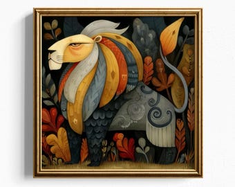 Folk Art Lion Print | Whimsical Animal Wall Poster | Decorative Curio Illustration | Colorful Pattern Decor