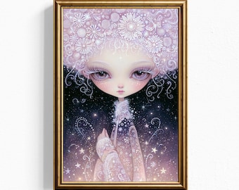 Impresión Giclée Celestial, Arte Fantástico de Ojos Grandes y Moody, Decoración de Dormitorio Soñadora con Estrellas Lavanda