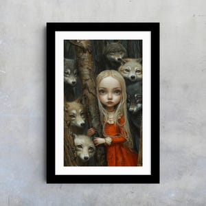 Enchanted Forest Girl and Wolves Art, Mystical Woodland Fantasy Print, Magical Wildlife Illustration, Gift for Girl