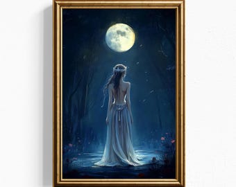 Lámina artística Mujer del Bosque Iluminada por la Luna – Arte mural de fantasía nocturna etérea, paisaje onírico azul medianoche