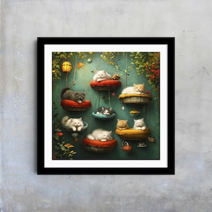 Whimsical Cat Art Print – Adorable Feline Giclée Wall Decor, Cute Cat Illustration for Nursery or Cat Lover Gift