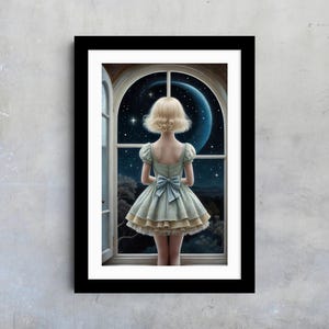 Kokette Mädchen-Nachthimmel-Druck, Sternenhimmel-Fensterszene, verträumte Mondlicht-Kunstmalerei-Kinderzimmer, magisches Märchenstimmungsgeschenk für sie