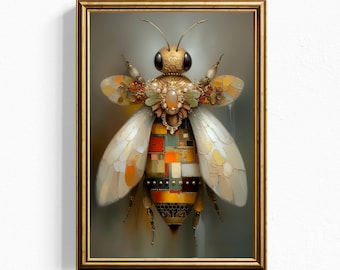 Lámina artística de abeja reina, objeto de colección de arte fino sobre insectos enjoyados.