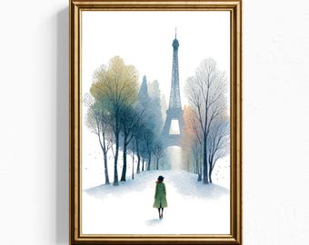 Lámina artística de invierno en París - Acuarela de la Torre Eiffel para pared