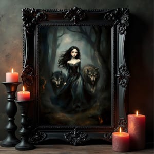 Gothic Forest Art Wall Decoration Bedroom Mystical Artwork Enchanted Woodland Mysterious Scene Wolf Painting Dark Academia Fantasy Decor