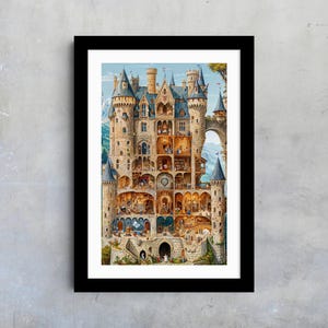 Enchanted Castle Cutaway Print, Fairytale Landscape Art, Fantasy Fortress Illustration, Home Decor, Wall Art for Kids Room