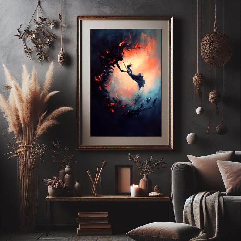Surreal Fantasy Art Print Gothic Aesthetic Wall Decoration Dark Academia Artwork Dramatic Scene Emotional Impact Mysterious Figure Statement Piece Collection Worthy Display Moody Atmospheric Artwork Fantasy Illustration Mythic Scene Soul