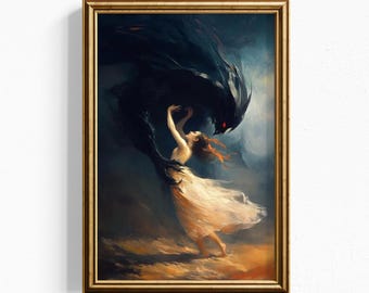 Dark Fantasy Demon & Woman Art Print – Gothic Giclée Wall Decor, Mythical Romance Illustration for Fantasy or Occult Interiors