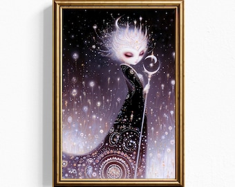 Lámina artística de la Diosa de la Luna Oscura - Arte mural de fantasía con muñecas celestiales