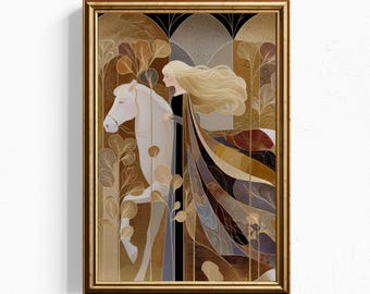 Cuadro de la Diosa del Caballo Blanco / Lámina de Fantasía de Mujer Mítica / Decoración Art Nouveau Dorada