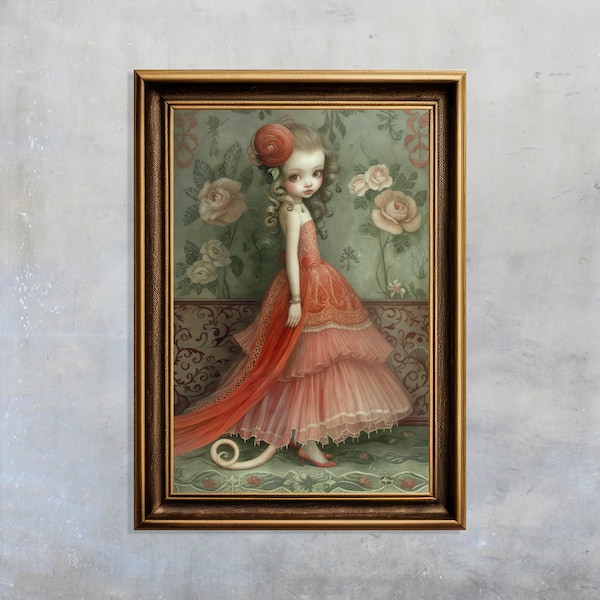 Whimsical Girl with Tail, Pink Roses Wall Art, Fantasy Floral Elegant Dress Poster, Quirky Wall Decor, Pop Surrealist artwork