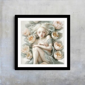 Lámina de arte etéreo de hadas, arte de pared de niña de las flores de ensueño, elegante ilustración en colores pastel, decoración del hogar caprichosa, póster de dormitorio sereno