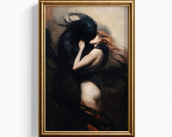 Dark Fantasy Artwork - Mystical Demon and Maiden Scene - Gothic Wall Art Print - Ethereal Surreal Decor for Fantasy and Mythology Lovers