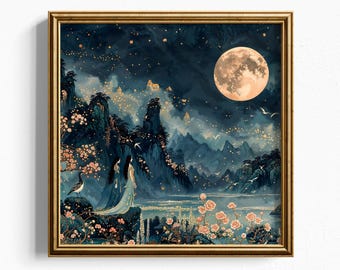 Moonlit Asian Landscape Art Print – Enchanted Night Scene