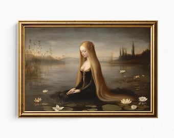 Lámina artística de una mujer romántica junto al lago: arte mural figurativo etéreo, ilustración de fantasía onírica