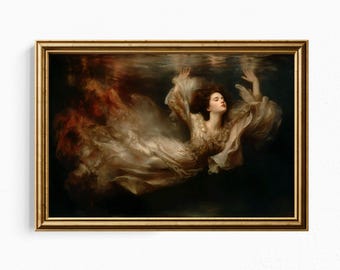 Cuadro de mujer ahogándose / Lámina romántica oscura de Ofelia / Decoración con figura nocturna y melancólica