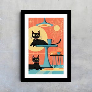 Impresión de arte de pared de gato vintage de mediados de siglo, decoración del hogar de Atomic Kitty, estilo retro, arte de gato único, decoración de pared de animales, póster estilo años 60