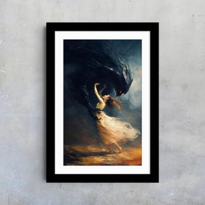 Dark Fantasy Demon & Woman Art Print – Gothic Giclée Wall Decor, Mythical Romance Illustration for Fantasy or Occult Interiors