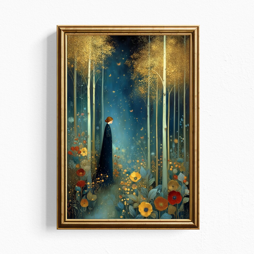 Enchanted Forest Art Print — Midnight Blue Gold Fantasy Wall Art - Etsy
