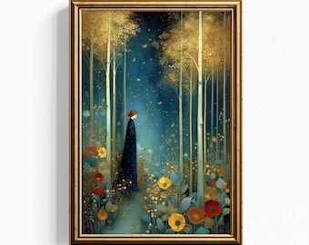 Lámina artística Bosque Encantado — Arte mural de fantasía en azul medianoche y dorado