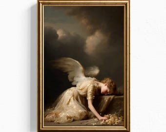 Cuadro de ángel caído / Lámina con retrato de alas de estilo romántico oscuro / Decoración celestial nocturna y melancólica