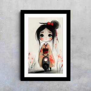 Lámina de arte mural de geisha japonesa, chica de anime, adorable ilustración de personaje de manga, póster infantil, decoración de pared asiática, regalo para amantes de Asia.