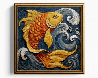 Arte mural de peces koi, mosaico de peces costeros, impresión oceánica, decoración de estilo asiático, obra de arte náutico