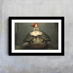 Whimsical Girl with Turtle Print, Fantasy Swamp, Children&#39;s Room Decor, Magical Artwork Print, Fairytale Poster, Turtle Wall Art, Redhead