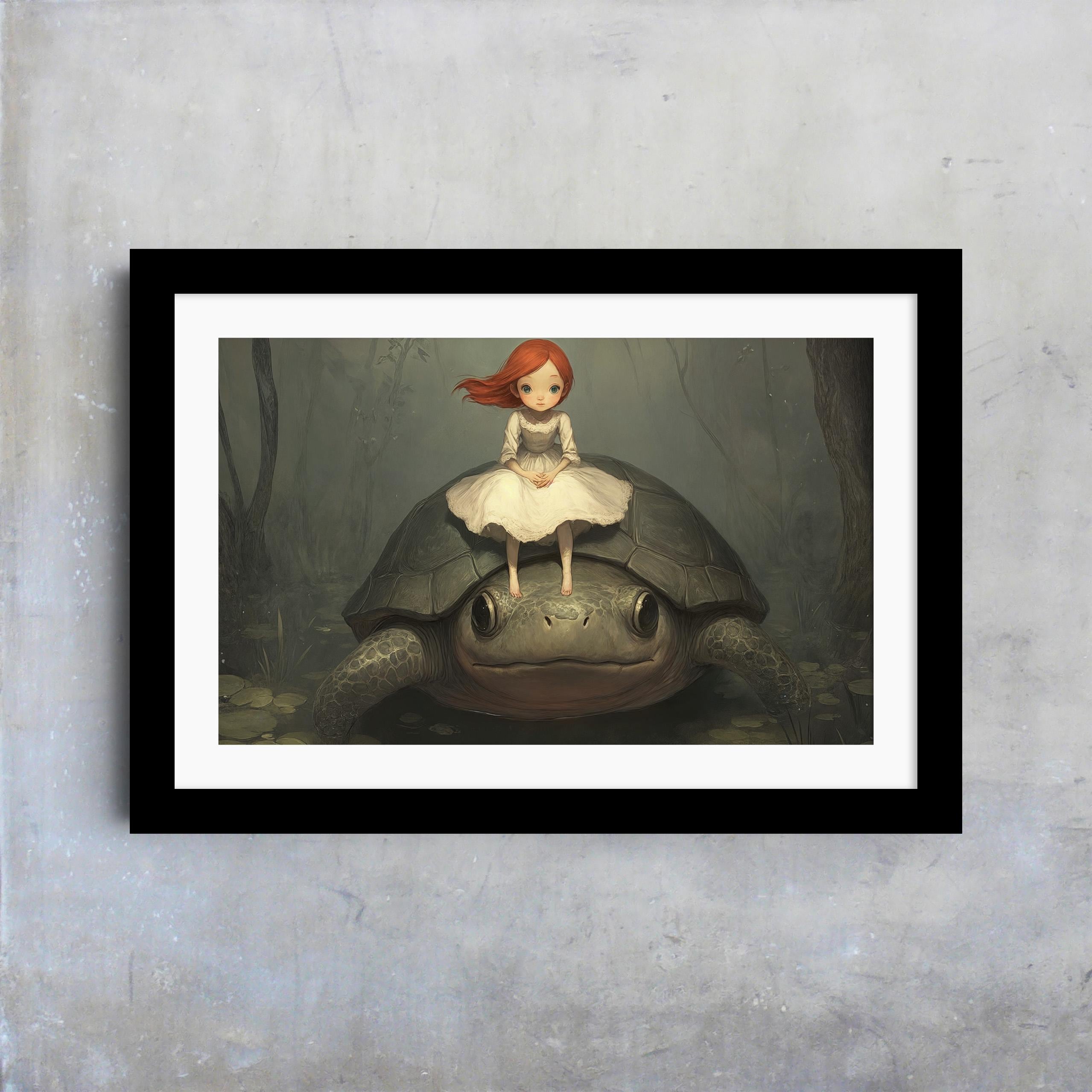 Whimsical Girl with Turtle Print, Fantasy Swamp, Children's Room Decor, Magical Artwork Print, Fairytale Poster, Turtle Wall Art, Redhead