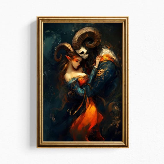 Dark Fantasy Demon Art Print | Gothic Romance Wall Decor | Enchanted Lover Illustration